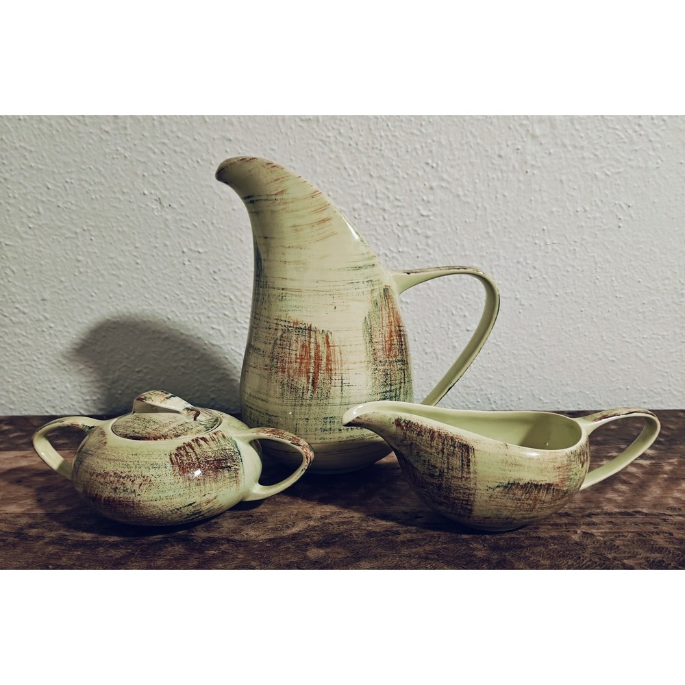 Vernonware‎  Pitcher, Creamer & Sugar Bowl  Raffia Pattern, MCM Vintage